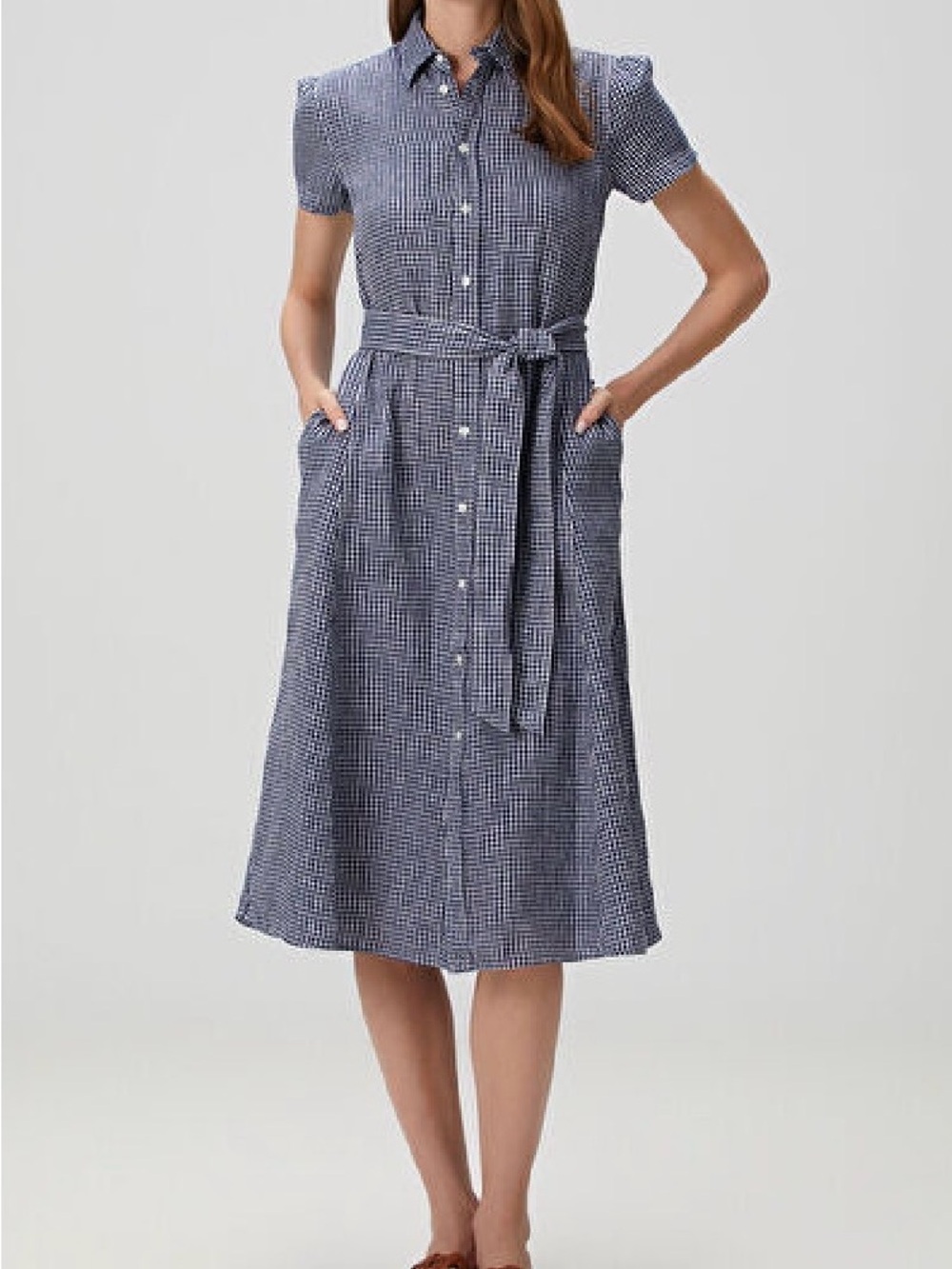 Polo Ralph Lauren Belted Blue Gingham Linen Shirt Midi Dress Sz 4 EUC